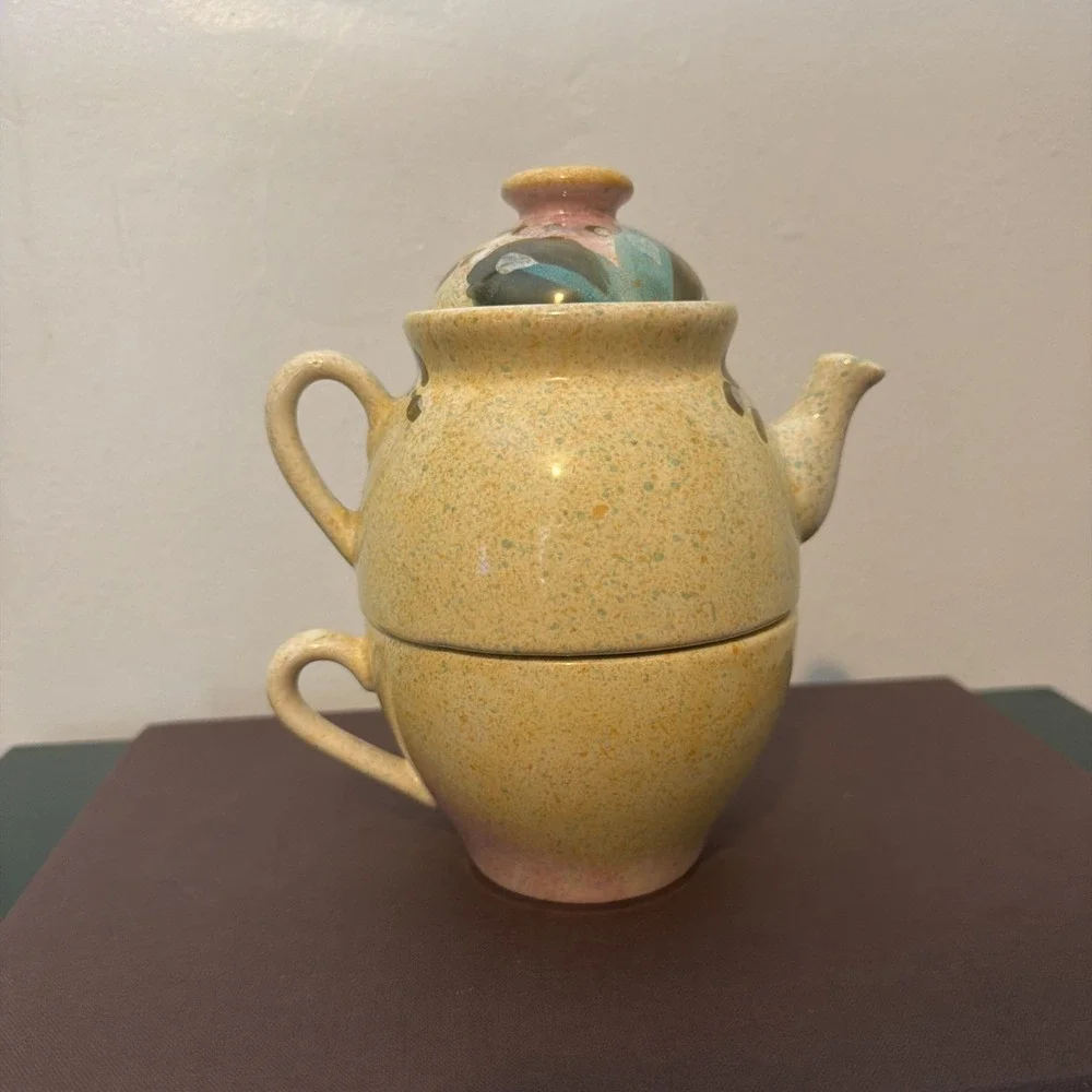Italian Pottery Stacking Teapot & Cup Set Hand Painted cottagecore Tea for One